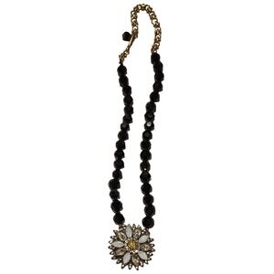 Heidi Daus Black Beaded Statement Necklace Flower Crystal Pendant Gold Tone